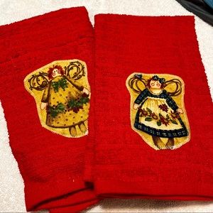 Two red Christmas angel fingertip hand towels
